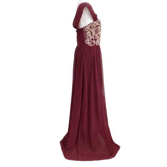 Soiéblu BURGUNDY CREAM BEADED CHIFFON CORSET FORMAL EVENING BALL GOWN DRESS - Picture 2 of 12